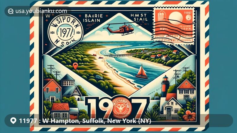 现代插图，展示纽约州萨福克县W Hampton地区的风景，融入屏障岛特征和温凉气候。画中有古典航邮信封，包括邮票、带有“11977”邮戳和小邮箱插画。强调Westhampton的魅力，包括自然美和历史恢复与转变。
