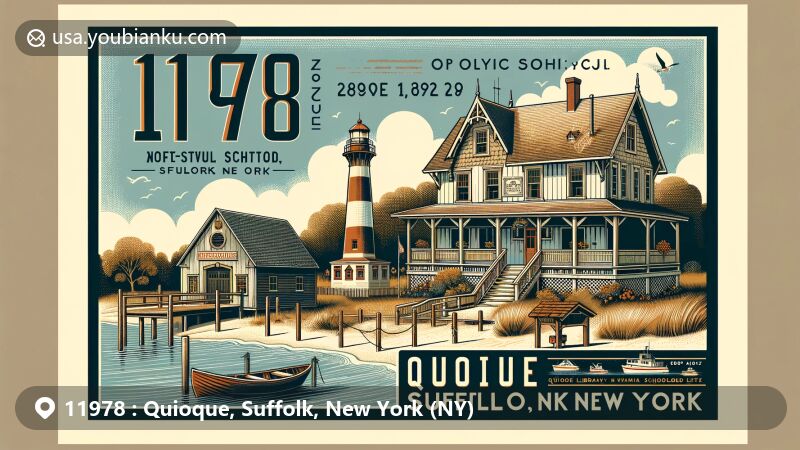 Modern illustration of Quogue, Suffolk County, New York, showcasing Victorian summer cottages, Quogue Life-Saving Station, and agricultural traditions, with a postcard-style design featuring ZIP code 11978.