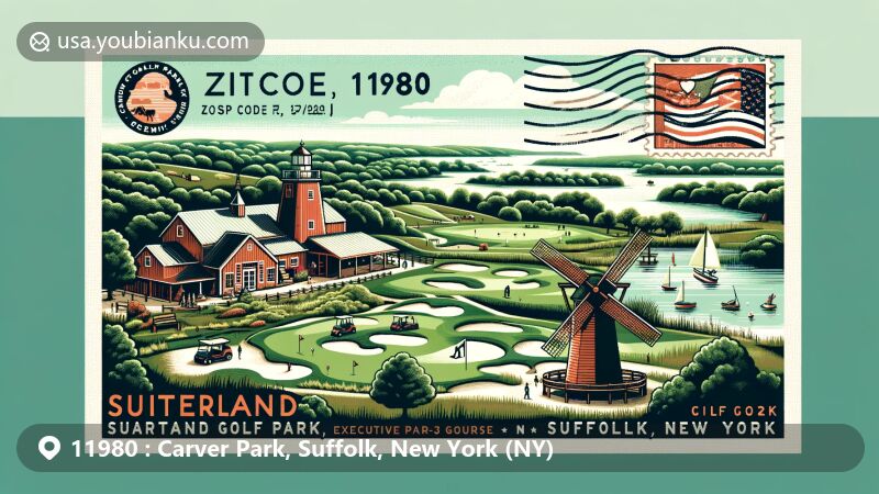 Modern illustration of Carver Park, Suffolk, NY 11980, showcasing Heartland Golf Park with driving range, Par-3 golf course, and mini-golf, alongside historic windmill and lighthouse, set against scenic Suffolk County landscape.