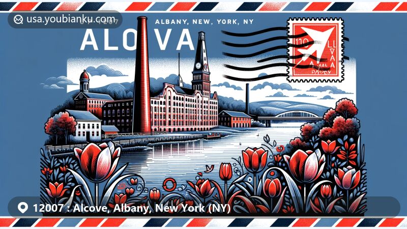 Modern illustration of Alcove, Albany County, New York, depicting postal theme with ZIP code 12007, featuring Valley Paper Mill Chimney, Alcove Historic District, New York State flag stamp, and Dutch tulips.