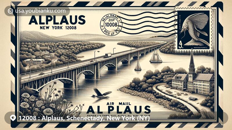Creative depiction of Alplaus, Schenectady, New York (NY), in the style of an air mail envelope, featuring Rexford Bridge over the Mohawk River, Alplaus Kill creek, lush riverbanks, vintage postal stamp with an eel, and an air mail airplane, symbolizing the town's connectivity and postal heritage.