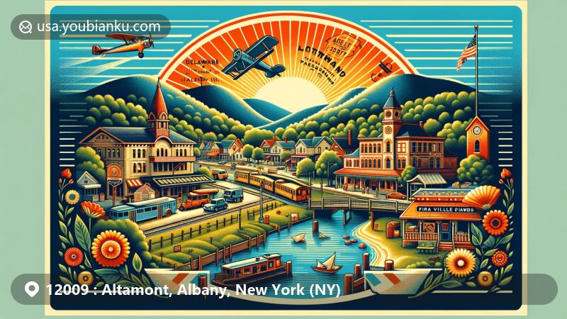 Modern illustration of Altamont, Albany County, New York, featuring a postal-themed postcard with ZIP code 12009, showcasing natural beauty and historical landmarks like Delaware and Hudson Railroad Passenger Station.