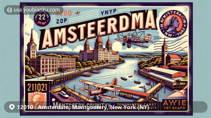 Modern illustration of Amsterdam, Montgomery County, New York, featuring Mohawk River, Temple of Israel, historical and modern elements, vintage postal theme with ZIP code 12010, capturing the city's essence as an industrial and cultural hub.