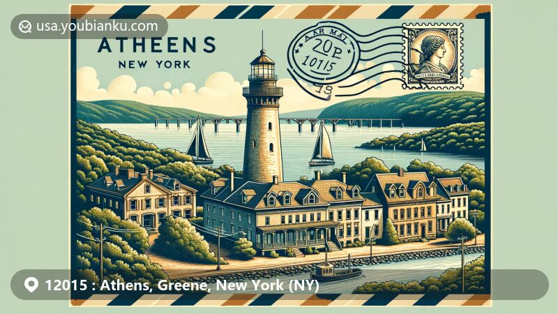 Modern illustration of Athens, New York, in Greene County, emphasizing the historic Hudson-Athens Lighthouse and architectural heritage, set against lush Greene County landscape, featuring postal theme with ZIP code 12015.