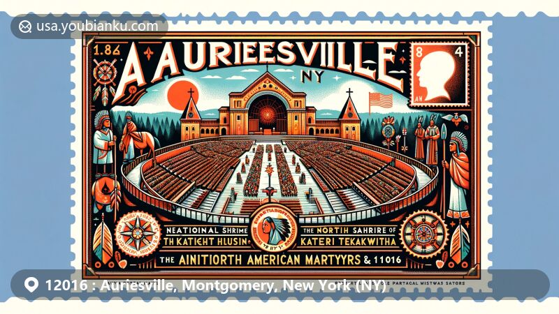 Modern illustration of Auriesville, NY, featuring the National Shrine of the North American Martyrs and Saint Kateri Tekakwitha, with a postal theme including ZIP code 12016 and Mohawk heritage symbols.