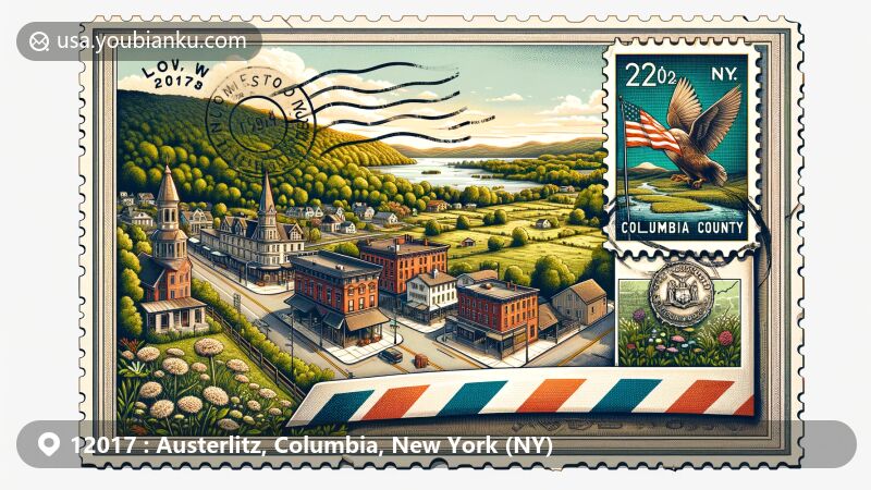 Modern illustration of Austerlitz Historic District, Columbia County, New York, featuring vintage air mail envelope with ZIP code 12017, New York state flag stamp, 2024 postal mark, and Columbia County map outline.