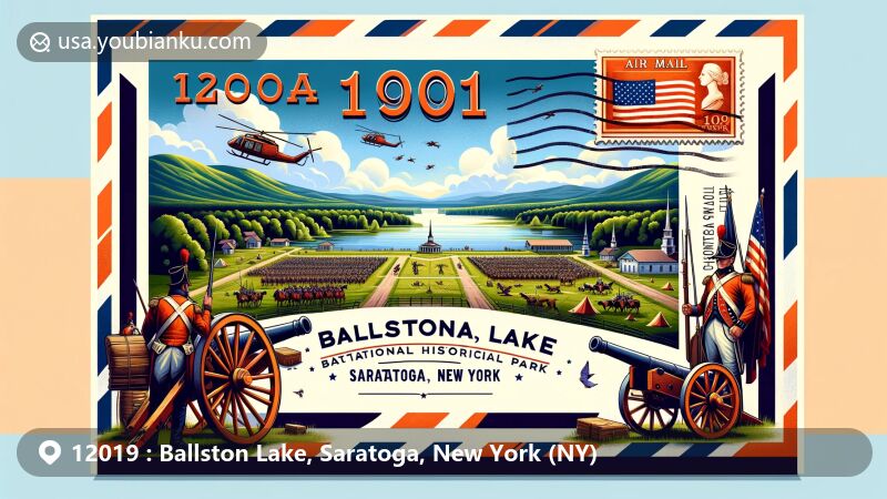 Modern illustration of Ballston Lake, Saratoga County, New York, featuring Saratoga National Historical Park and ZIP code 12019, highlighting American Revolutionary military victory.