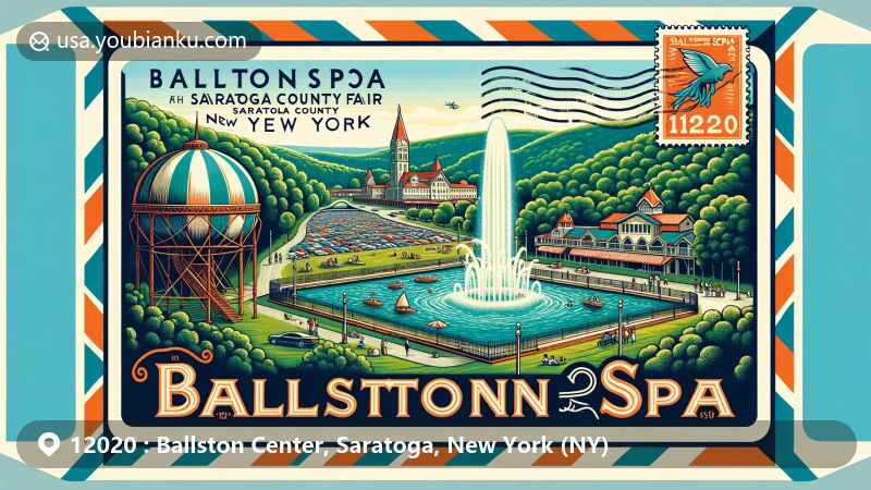 Modern illustration of Ballston Spa, Saratoga County, New York, showcasing mineral springs, lush landscapes, and visual references to Saratoga County Fair, encapsulating the village's rich heritage and cultural significance with a postal theme.