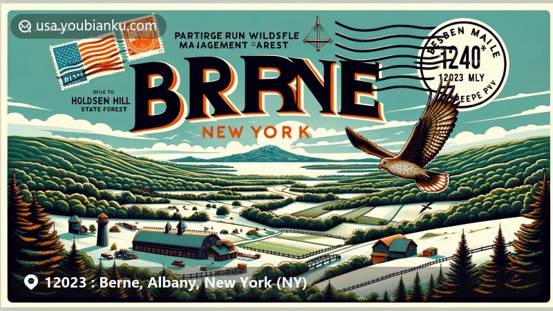Modern illustration of Berne, New York, featuring Partridge Run Wildlife Management Area, Cole Hill State Forest, and Helderberg Escarpment with postal theme showcasing ZIP Code 12023.