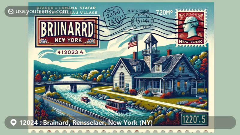Modern illustration of Brainard, NY 12024, showcasing postal theme with ZIP code 12024, featuring U.S. Route 20, New York State Route 66, post office history, and New York state symbols.