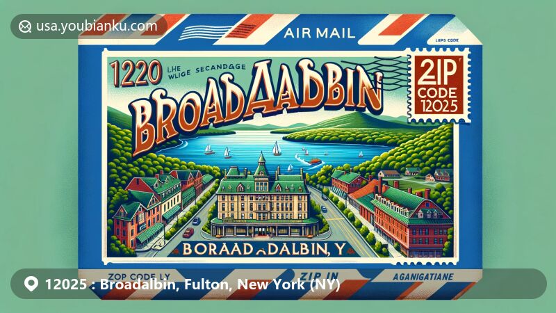 Modern illustration of Broadalbin, New York, showcasing the Great Sacandaga Lake as a natural landmark, historic charm of Hotel Broadalbin, and Adirondack Park's lush forests, all integrated with postal theme and ZIP code 12025.