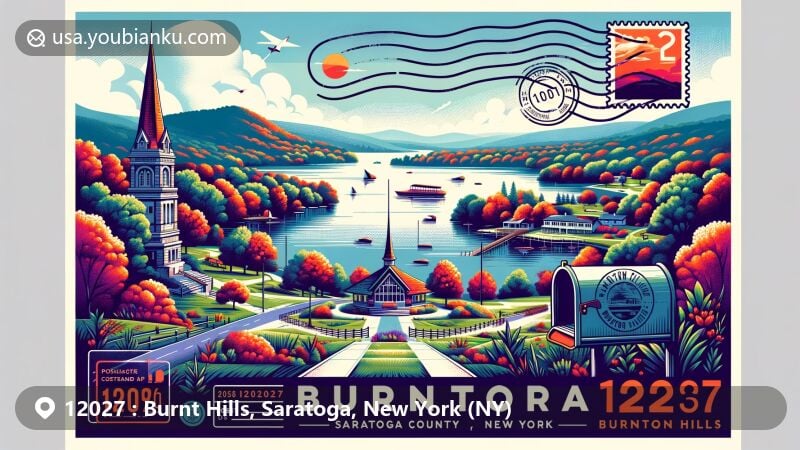 Modern illustration of Burnt Hills, Saratoga County, New York, showcasing postal theme with ZIP code 12027, featuring views of Hudson Valley and Ballston Lake, highlighting natural beauty and outdoor activities.