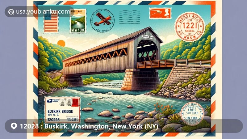 Modern illustration of Buskirk Bridge, a historic wooden covered bridge in Buskirk, New York, crossing the Hoosic River, featuring postal theme with vintage air mail envelope, postal stamps, and New York state elements.