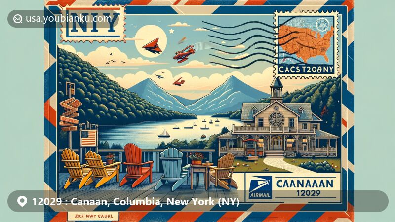 Modern illustration of Canaan, Columbia County, New York, featuring a creative postal theme with ZIP code 12029, showcasing Taconic Mountains, Queechy Lake, Adirondack chairs, New York State map, and Lace House postal stamp.