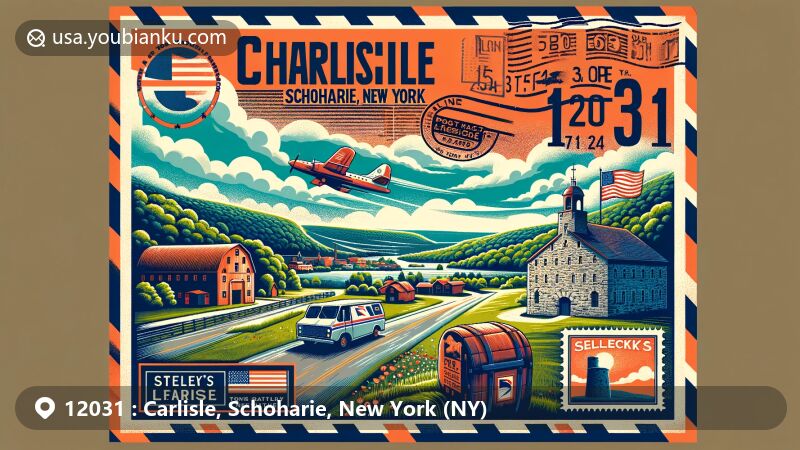 Modern illustration of Carlisle, Schoharie, New York, featuring Old Stone Fort and natural landscape with caves and karst formations, integrating postal elements like vintage airmail envelope with ZIP code 12031 and New York state flag.