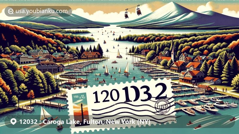 Modern illustration of Caroga Lake, Fulton County, New York with postal theme showcasing ZIP code 12032, featuring Royal Mountain Ski Area, Kane Mountain Fire Tower, and Caroga Lake Marina.