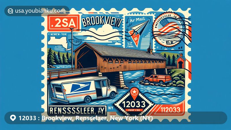 Modern illustration of Brookview, Rensselaer, New York, featuring Buskirk Covered Bridge, airmail envelope with '12033' ZIP code, New York State stamp, postal elements, and 'Brookview, NY 12033' postmark.