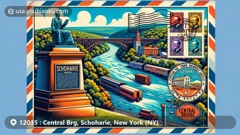 Modern illustration of Central Bridge, Schoharie, New York, featuring railway history at Schoharie Junction, scenic Schoharie Creek, and postal theme with vintage stamps and postmark.