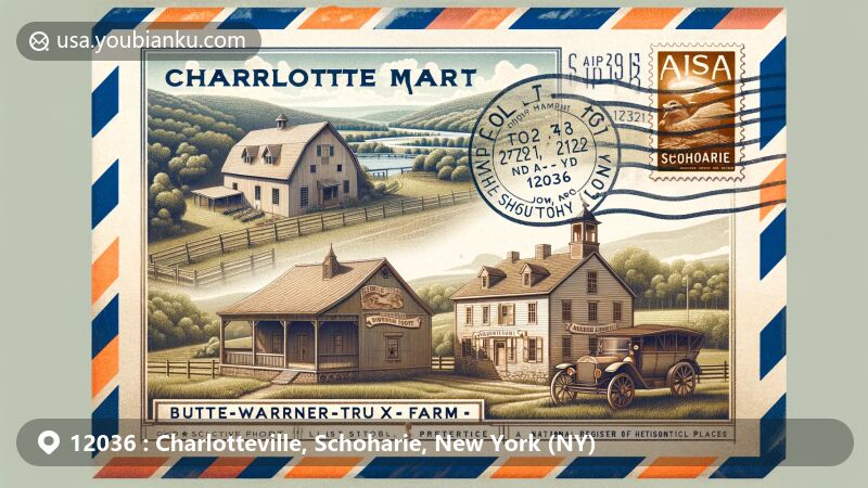 Modern illustration of Charlotteville, Schoharie County, New York, showcasing postal theme with ZIP code 12036, featuring Bute-Warner-Truax Farm, Old Stone Fort Museum Complex, and Iroquois symbols.