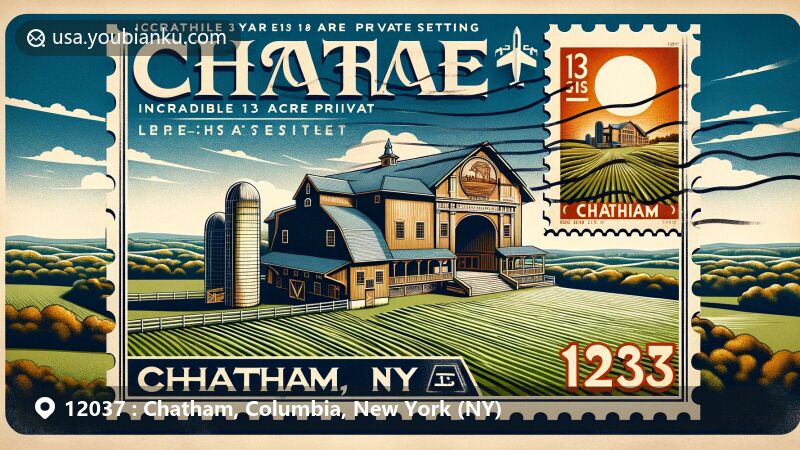 Creative illustration of Chatham, New York, with rural farmland scenery and postal elements, featuring a post and beam barn, silo, vintage postal envelope, and fictional postage stamp with Crandell Theatre facade.