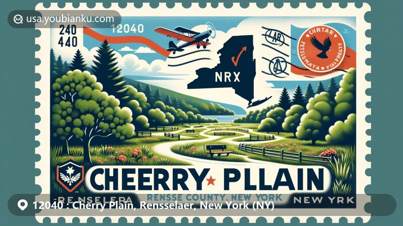 Modern illustration of Cherry Plain, Rensselaer County, New York, featuring Cherry Plain State Park as a postal-themed design with lush greenery, trails, New York state flag, and Rensselaer County map silhouette.