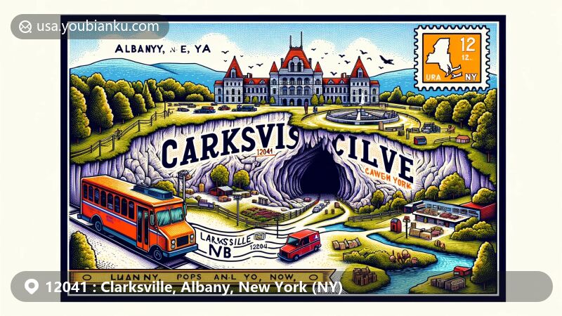 Modern illustration of Clarksville, New York, a postal theme with ZIP code 12041, showcasing Clarksville Cave and Albany symbols.