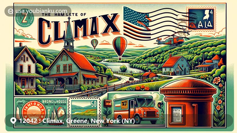 Modern illustration of the Climax area in Greene County, New York, showcasing historical charm with Bronck House and postal elements like vintage stamp and red postal box, reflecting ZIP code 12042.