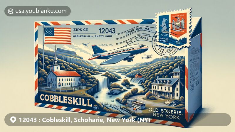 Modern illustration of Cobleskill, Schoharie, New York, featuring vintage air mail envelope with ZIP code 12043, showcasing Secret Caverns and Old Stone Fort Museum.