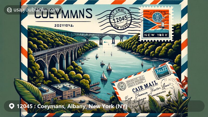 Modern illustration of Coeymans, Albany County, New York, featuring Hudson River, Castleton Bridge, vintage air mail envelope with New York State flag stamp, '12045' ZIP code postmark, and symbolic local landmarks like Lafarge Cement Plant and Port of Coeymans.