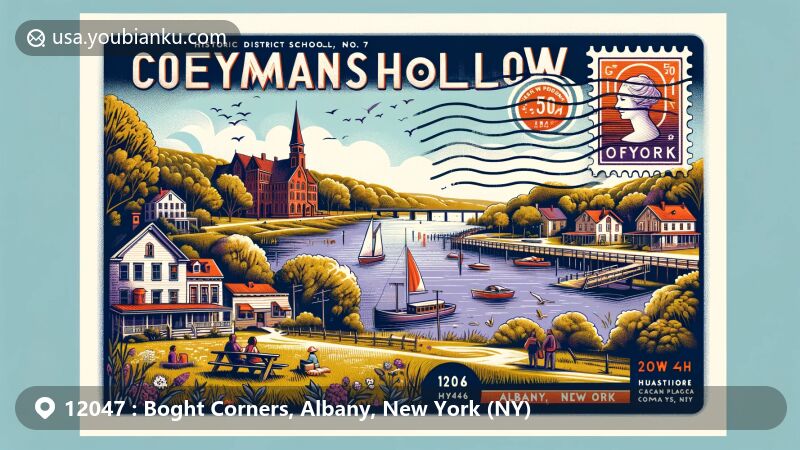 Modern illustration of Boght Corners, Albany County, New York, featuring Boght Church as a historic landmark symbolizing Dutch settlement in 1704, with Mohawk River and county geography, incorporating postal elements like vintage stamps with Albany County seal, 'Boght Corners, NY 12047' postmark, and nostalgic postal carriage or mailbox, cleverly including New York state flag, capturing the essence of the area's rich history and picturesque beauty.