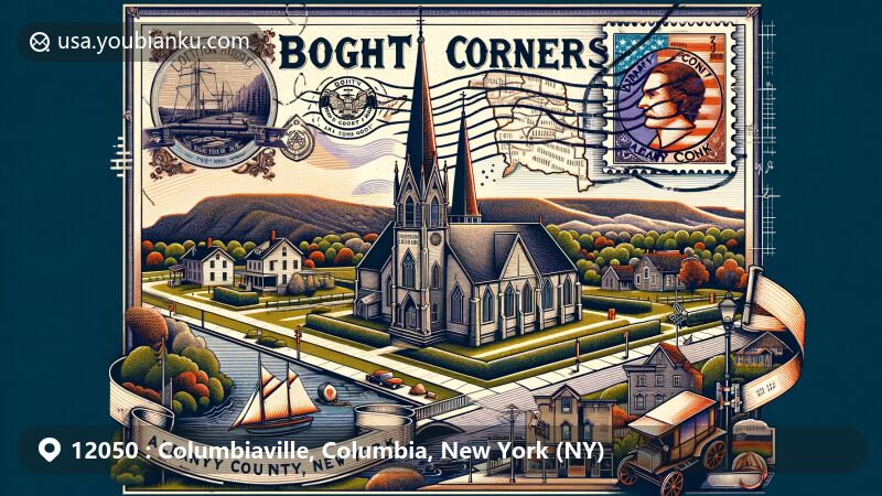 Modern illustration of Columbiaville, Columbia County, New York, showcasing postal theme with ZIP code 12050, featuring Octagon House and New York state symbols.