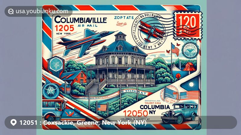 Modern illustration of Coxsackie, Greene County, New York, featuring iconic Bronck House with Dutch and Swedish Colonial architecture, picturesque Hudson River, vintage stamp, 'Coxsackie, NY 12051' postal mark, and envelope border.