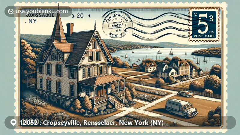 Modern illustration of Cropseyville, Rensselaer County, New York, depicting scenic upstate landscape with vintage postal envelope highlighting ZIP code 12052 and stylized postal stamp.