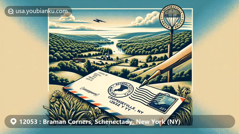 Modern illustration of Braman Corners, Schenectady County, New York, showcasing historic Stockade landmark and postal theme with vintage air mail envelope and ZIP Code 12053, reflecting rich history and traditional American postal service.