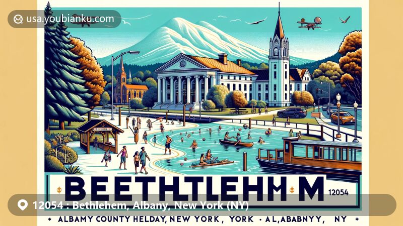 Modern illustration of Bethlehem area, Albany County, New York, featuring Elm Avenue Park with seasonal activities, historic Delmar post office, Albany County Helderberg-Hudson Rail Trail, and nods to town's heritage and postal theme.