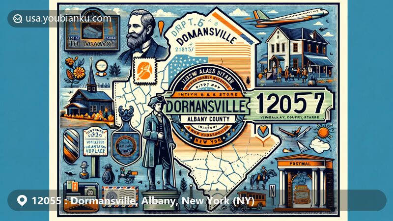 Modern illustration of Dormansville, Albany County, New York, depicting postal theme with ZIP code 12055, featuring historical markers honoring Daniel Dorman and Andrew Hannay, along with postal symbols like stamps and postmarks.