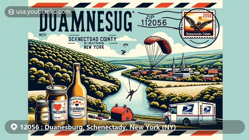 Modern illustration of Duanesburg, Schenectady County, New York, featuring ZIP code 12056, showcasing Normanskill Creek, skydiving motif, and Helderberg Meadworks, blending rural charm with postal elements.