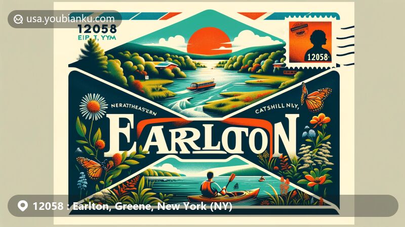 Modern illustration of Earlton, Greene County, New York, highlighting postal theme with ZIP code 12058, featuring air mail envelope design and outdoor recreational activities.