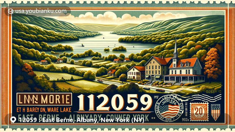 Modern illustration of East Berne, Albany County, New York, highlighting postal theme with ZIP code 12059, featuring Helderberg scenery and Maple on the Lake restaurant by Warner Lake.