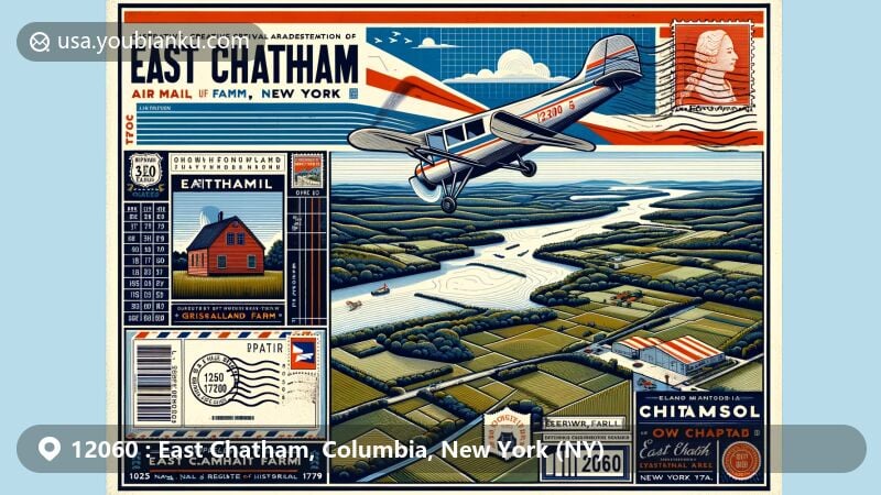 Modern illustration of East Chatham, New York, blending postal theme with ZIP code 12060, featuring Griswold farm area and Rowe-Lant Farm on National Register of Historic Places.