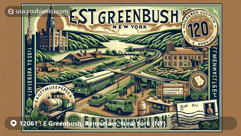 Modern illustration of East Greenbush, Rensselaer, New York (NY), capturing the charm of the area with Columbia Turnpike, Papscanee Preserve, historical sites, rolling hills, and Hudson River, featuring vintage postage theme with ZIP code 12061.