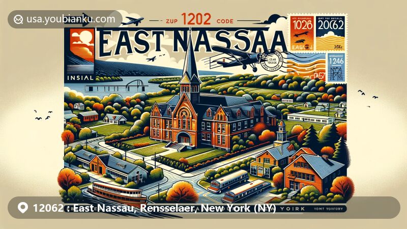 Modern illustration of East Nassau, Rensselaer County, New York, blending scenic beauty with postal theme featuring ZIP code 12062, showcasing East Nassau Central School and natural landscapes.