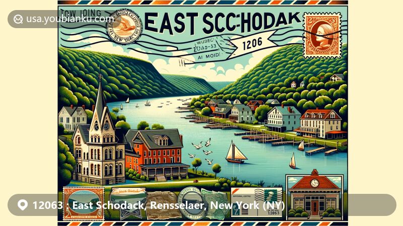 Modern illustration of East Schodack, New York, showcasing scenic Hudson River, historic buildings, and postal theme with ZIP code 12063, celebrating Dutch heritage and riverside trading community.