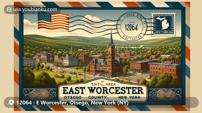 Modern illustration of East Worcester, Otsego County, New York, within a vintage air mail envelope, displaying Worcester Historic District, lush rural landscapes, and New York state flag on a stamp with ZIP code 12064.