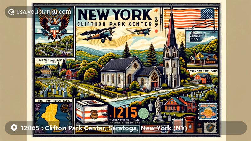 Modern illustration of Clifton Park Center, Saratoga, New York, featuring ZIP code 12065, highlighting Clifton Park Center Baptist Church and Cemetery, Town Center Park, Vischer Ferry Nature and Historic Preserve, with the integration of New York state symbols and postal elements.