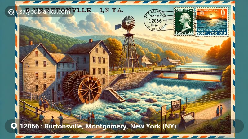 Modern illustration of Burtonsville, New York, featuring historical grist mill owned by Judah Burton and early town industry, with Schoharie Creek backdrop, postal elements, and vibrant community history.