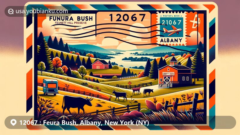 Modern illustration of Feura Bush, Albany County, New York, featuring unique postal design with ZIP code 12067, showcasing Bennett Hill Preserve and natural landscapes.