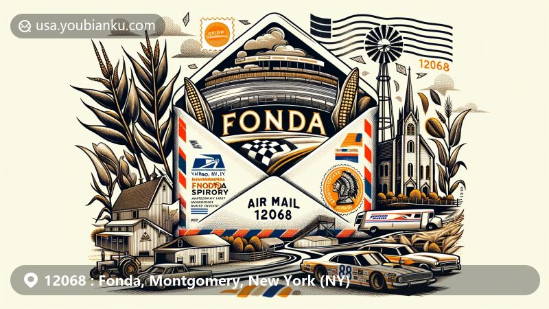 Modern illustration of Fonda, New York, showcasing postal theme with ZIP code 12068, featuring Fonda Speedway, Mohawk community Kanatsiohareke, and Fonda Reformed Church.