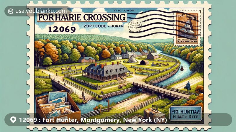 Modern illustration of Fort Hunter, NY, showcasing Erie Canal remnants, Schoharie Creek, and postal elements, with ZIP code 12069, highlighting historical and postal fusion.