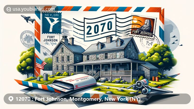 Modern illustration of Fort Johnson, New York, showcasing postal theme with ZIP code 12070, featuring Old Fort Johnson museum and New York state symbols.